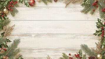 A festive holiday background featuring a wooden texture with a border of evergreen branches, red berries, pine cones, and Christmas ornaments. Christmas texture background. photo