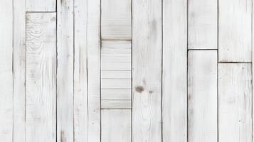 White wooden planks arranged in a rustic pattern. The wood has a weathered appearance with varying textures and shades of white, creating a clean and bright aesthetic. photo