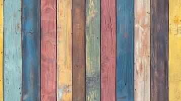 A vibrant wooden wall made of planks in various colors including blue, pink, yellow, and brown, showcasing a rustic and artistic design. photo