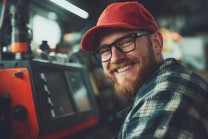 A smiling CNC machine operator man with a beard and glasses wearing a red cap and plaid shirt, sitting in a workshop with machinery in the background. photo