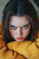 A woman with a serious expression on her face photo
