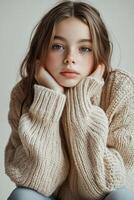 A young girl in a sweater sitting on a chair photo