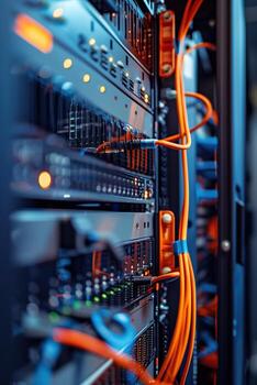 un cerca arriba de un servidor estante con naranja alambres foto
