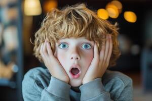 A young boy with a shocked expression photo