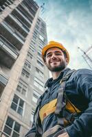 A man in a hard hat and safety vest standing in front of a building photo