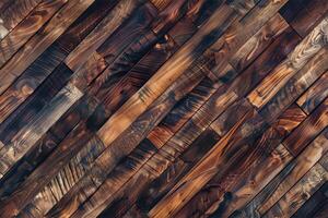 Textured wooden surface with various shades of brown and black, showcasing the natural grain patterns and knots in the wood. photo