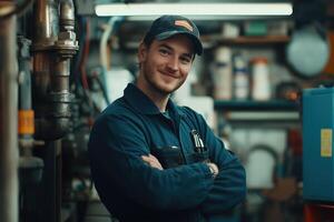 A man in a blue shirt and cap standing in front of a room full of pipes photo