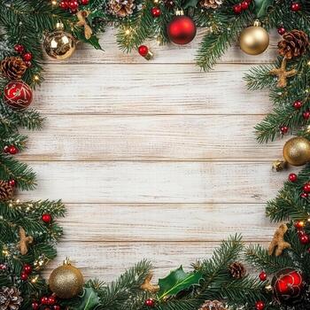 Navidad marco con abeto ramas y decoraciones en de madera antecedentes foto