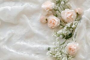 A close up of white lace and roses photo