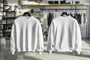 A white sweatshirt mockup on hangers, showcasing both front and back views. The background features a modern clothing store with neatly arranged apparel. photo