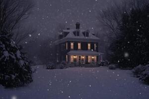 A cozy, dark Colonial house style illuminated by warm lights, surrounded by snow-covered trees in a snowy landscape at night. Snowflakes gently fall, creating a serene winter atmosphere. photo