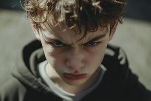 A young boy with a hoodie on looks angry photo