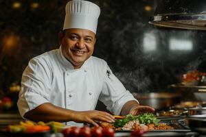 A smiling chef in a white uniform and hat prepares a dish in a professional kitchen. Fresh ingredients like herbs and vegetables are visible, with steam rising from the food. photo