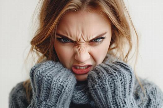 A woman in a sweater and mittens is making an angry face photo