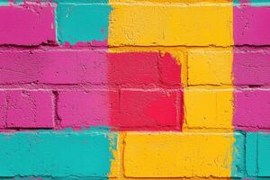 A vibrant and colorful brick wall featuring bold splashes of pink, yellow, and turquoise paint. The texture of the bricks is visible, adding depth to the artwork. photo