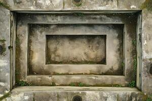 Seamless rectangular concrete structure with moss and grass growing in the corners. The surface is weathered and shows signs of age, with a muted color palette. photo