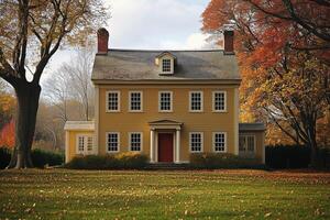 A yellow house with a red door photo