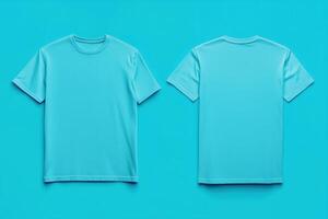 Two blue t - shirts mock mock up on a blue background photo