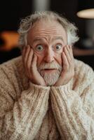 An older man with a beard and sweater is looking at the camera photo