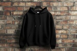 A black hoodie mockup hanging on a wooden hanger against a rustic brick wall background. Sweatshirt with hood long sleeve for print. photo