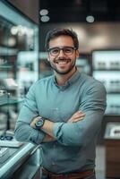 A man in glasses standing in front of a display case photo