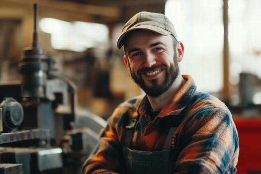 A smiling CNC machine operator craftsman in a workshop, wearing a plaid shirt and a cap, with machinery in the background. The atmosphere is warm and inviting, showcasing a skilled artisan at work. photo