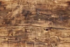 Rustic wooden surface showcasing natural grain patterns and textures. The wood has a warm, rich brown color with visible knots and lines, creating an organic and earthy feel. photo