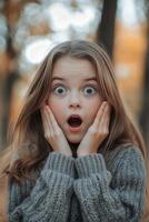 A young girl is surprised and looking at the camera photo