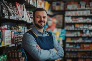 A smiling man standing in front of shelves in a supermarket photo