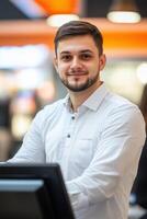 A man in a white shirt standing in front of a cash register photo