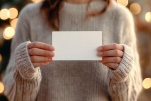 A woman holding a blank card in front of a christmas tree photo