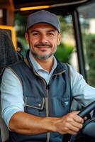 A man in a hat and vest sitting in the driver's seat of a bus photo