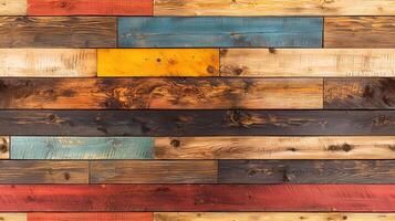 A vibrant wooden wall made of various colored planks, including shades of brown, blue, yellow, and red, arranged in a horizontal pattern. photo
