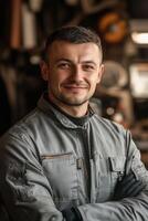 A man in a mechanic's uniform standing in front of a car photo
