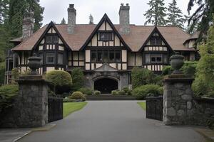 A grand, historic mansion with a Tudor architectural style, featuring dark wooden beams and a stone facade. The entrance is flanked by large stone urns and lush greenery, set in a serene landscape. photo