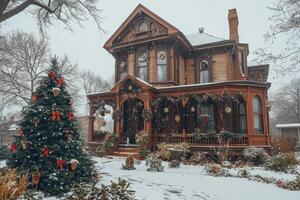 A large victorian house with a christmas tree in the front yard photo