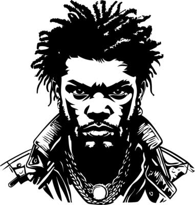 Bold Black Male Portrait with Dreadlocks in Leather Jacket for Tattoo and Art Design