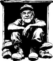 Elderly Man Sitting in Shadowy Doorway with Cap and Work Boots Reflecting Resilience and Wisdom vector