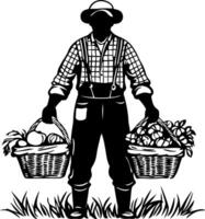 Farmer Carrying Baskets of Fresh Harvested Fruits and Vegetables In Lush Green Grass Setting vector
