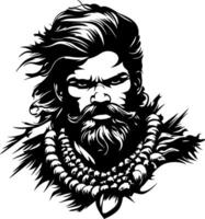 Intricate Portrait of a Fierce Bearded Man with Flowing Hair Detailed Vintage Style Design vector