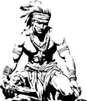 Powerful Warrior Figure with Traditional Adornments Sitting in Meditation Pose for Design Use vector