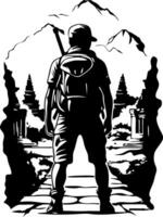 Hiker Standing on Pathway Surrounded by Mountains and Ancient Structures for Adventure Design vector