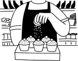Baker Sprinkling Topping on Freshly Baked Cupcakes in Cozy Bakery vector