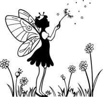 Enchanting Fairy with Butterfly Wings Holding Dandelion Seeds in a Floral Meadow vector