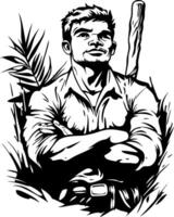 aventurero explorador sentado con confianza en naturaleza rodeado por tropical plantas vector