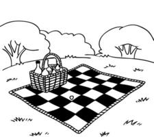 Picnic Scene with Checkered Blanket and Picnic Basket Surrounded by Trees and Grass vector