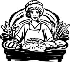 Woman Chef Presenting Fresh Bread and Vegetables in a Rustic Market Scene for Culinary Arts vector