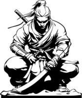 Ninja Warrior Kneeling with Katana in Action Pose for Tattoo Design and Illustration Projects vector