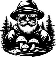 Adventurous Bearded Man in Sunglasses Surrounded by Mushrooms and Tall Pine Trees vector