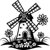 Charming Windmill Surrounded by Flowers and Grassy Landscape for Rustic Home Decor and Artwork vector